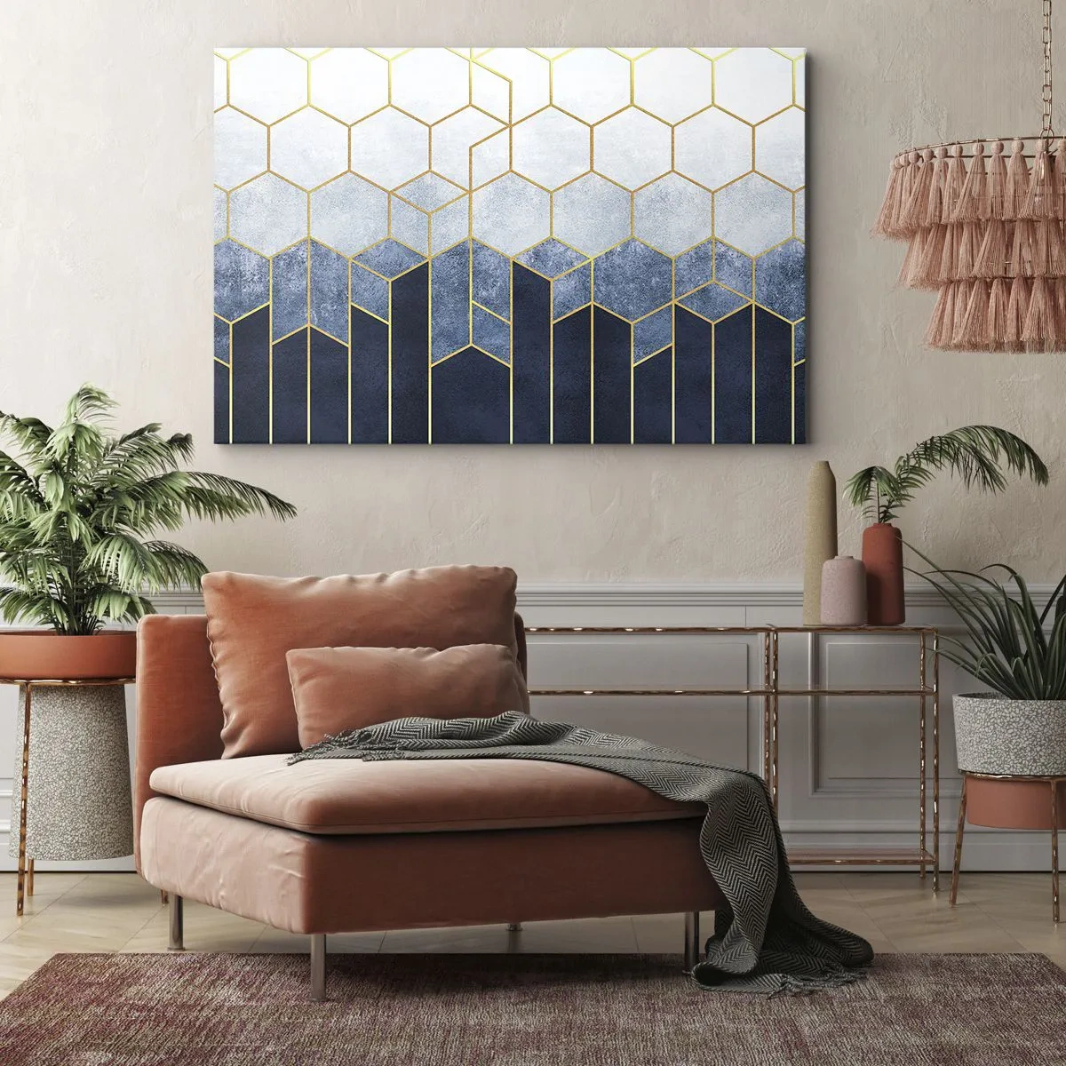 Bild auf Leinwand - Leinwandbild - Geometrisches Muster in Gold- und Marineblautönen - 70x50cm - Komposition im synkopischen Rhythmus - Moderne Wanddekoration für Wohnzimmer und Schlafzimmer ARTTOR