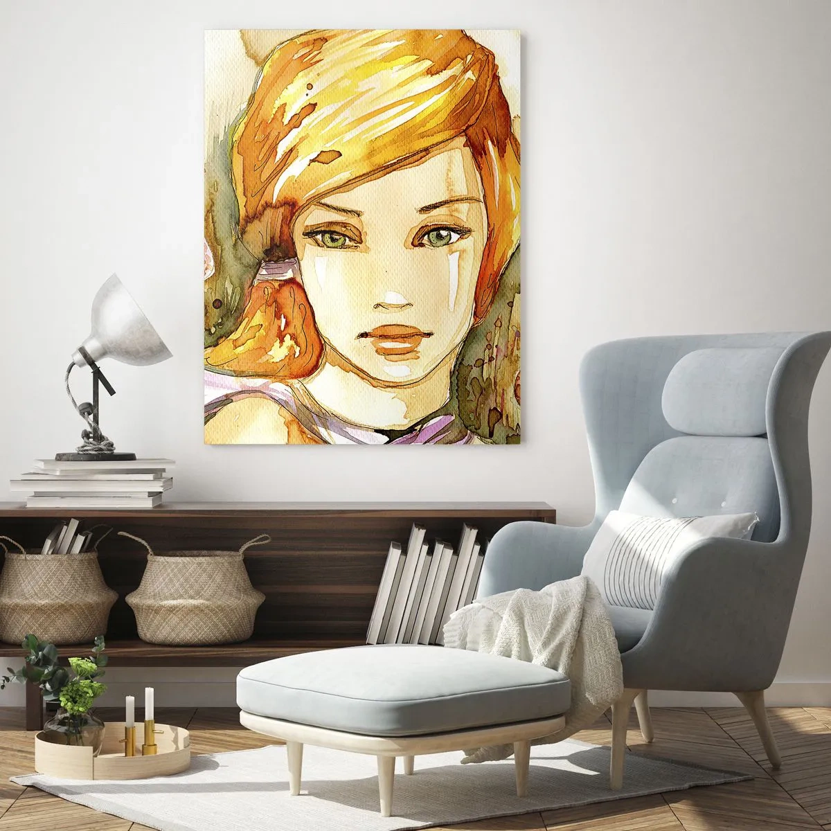 Glasbild - Bild auf glas - Porträt einer Frau in Aquarellfarben mit intensivem Blick - 70x100cm - Ein smaragdgrüner Look, der die Wut beruhigt - Moderne Wanddekoration für Wohnzimmer und Schlafzimmer ARTTOR