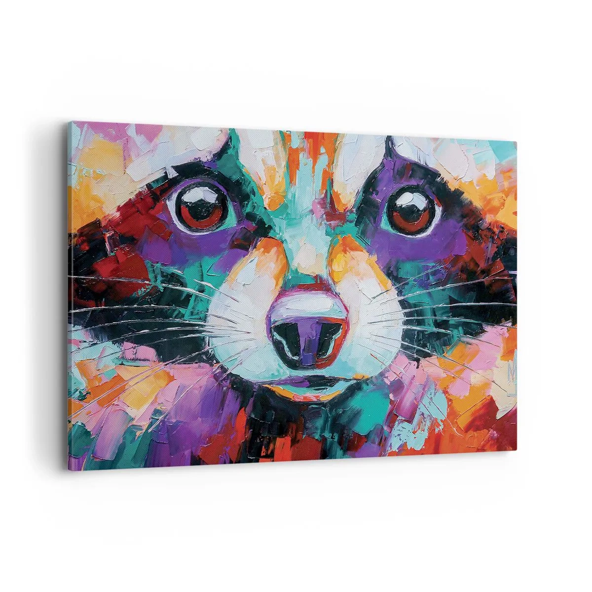 Bild auf Leinwand - Leinwandbild - Ein farbenfrohes Porträt eines Waschbären im Stil der expressiven Malerei. - 100x70cm - Nur gute Emotionen - Moderne Wanddekoration für Wohnzimmer und Schlafzimmer ARTTOR