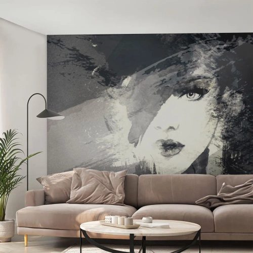 Fototapete Premium Sand - Hinter einem grauen Schleier - Das Gesicht einer Frau, Schwarz und weiß, Augen - 200x140 cm