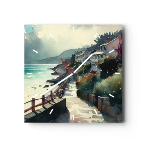 Wanduhr - Glasuhr - Strandpromenade mit Häusern und Vegetation - 30x30cm - Mittelmeerstadt - Moderne Wanddekoration für Wohnzimmer und Schlafzimmer ARTTOR