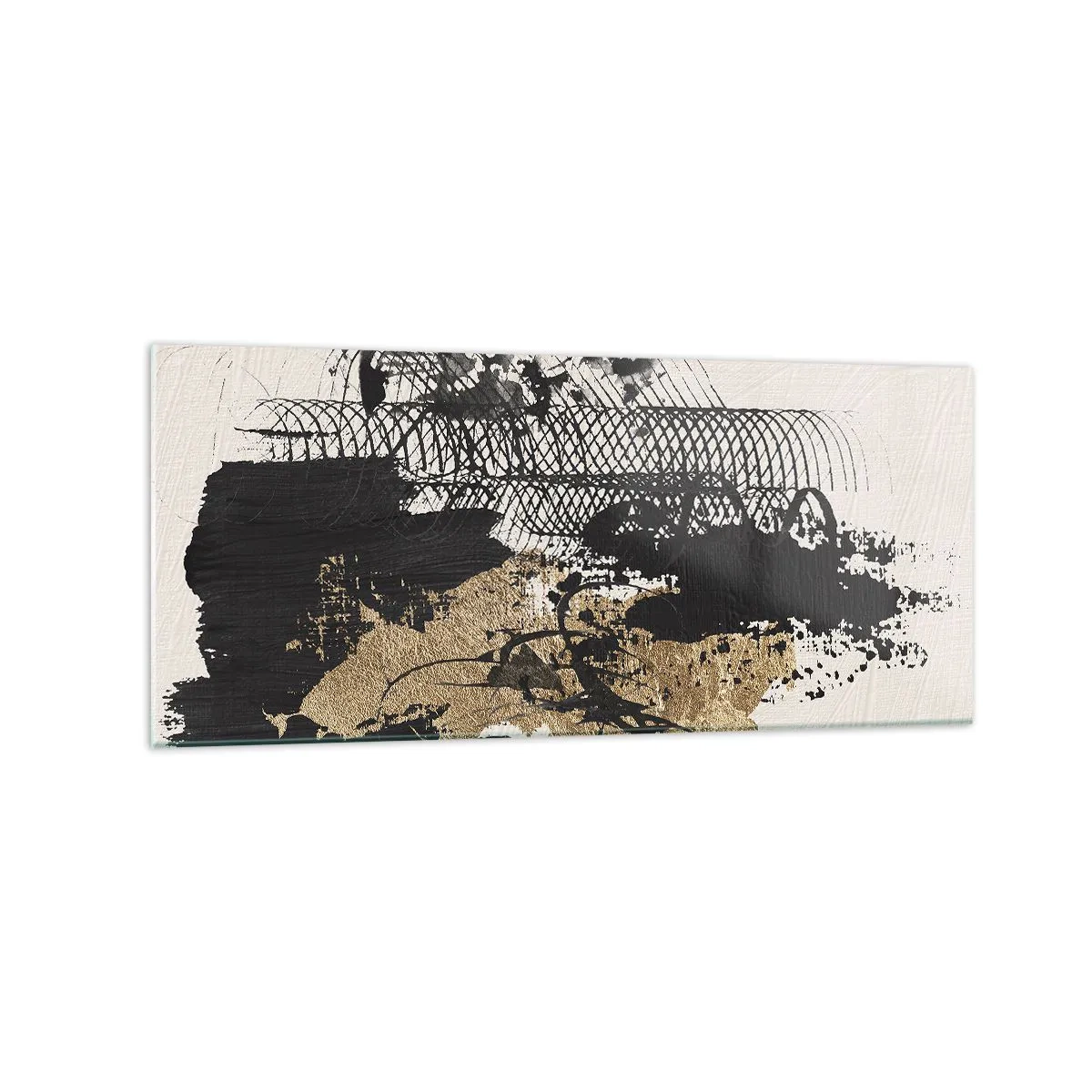 Glasbild - Bild auf glas - Ein abstraktes Gemälde in Schwarz und Gold mit dynamischen Linien und Strukturen. - 120x50cm - Komposition mit Leidenschaft - Moderne Wanddekoration für Wohnzimmer und Schlafzimmer ARTTOR