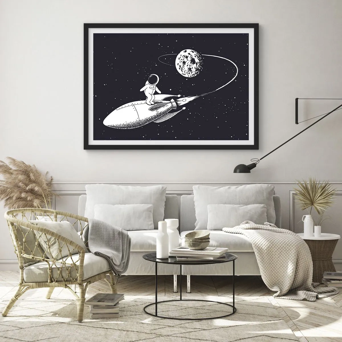 Poster in einem schwarzem Rahmen - Astronaut auf einer Rakete im Weltraum - 70x50cm - Weltraumsurfer - Moderne Wanddekoration für Wohnzimmer und Schlafzimmer ARTTOR
