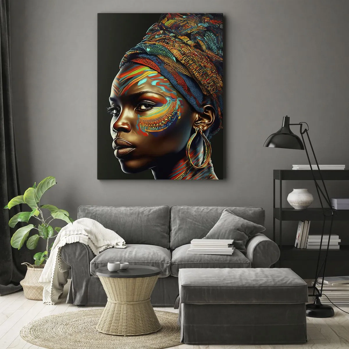 Bild auf Leinwand - Leinwandbild - Porträt einer Frau mit buntem Muster und Turban - 70x100cm - Afrikanische Königin - Moderne Wanddekoration für Wohnzimmer und Schlafzimmer ARTTOR