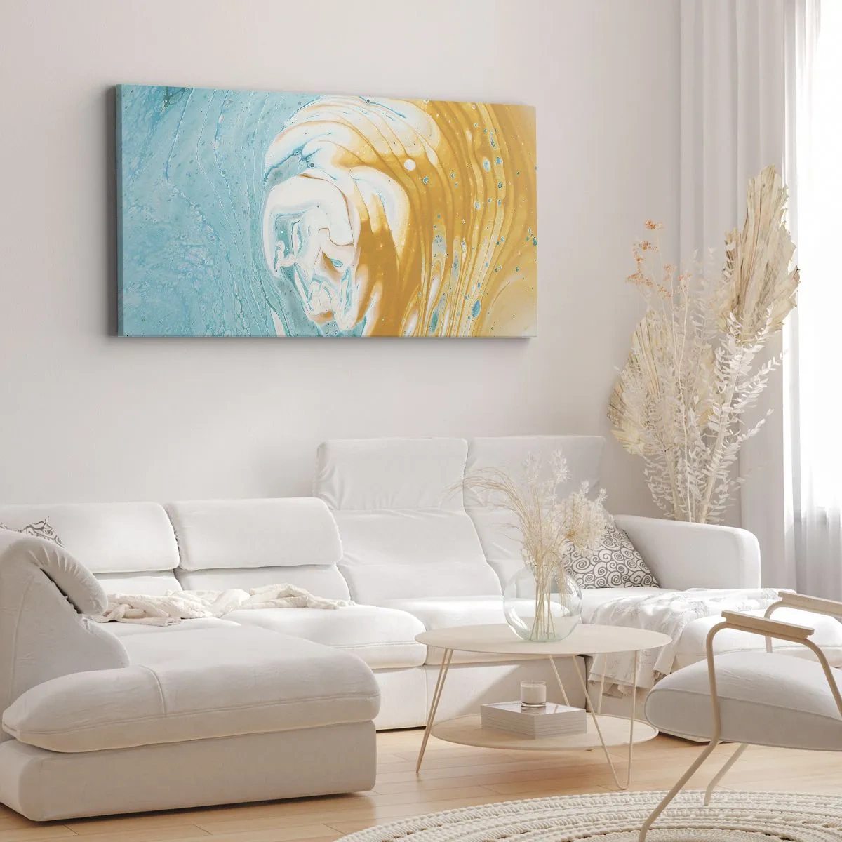 Bild auf Leinwand - Leinwandbild - Abstrakte Wellen in Blau- und Goldtönen auf Leinwand - 140x50cm - Pastellwirbel - Moderne Wanddekoration für Wohnzimmer und Schlafzimmer ARTTOR