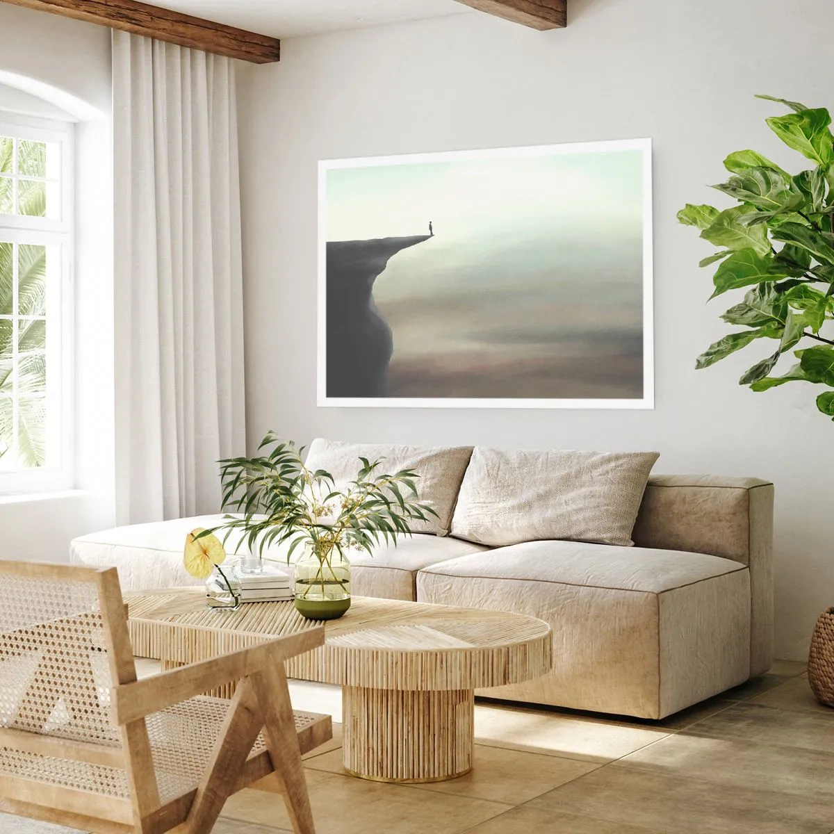 Poster - Silhouette einer Figur am Rand einer Klippe in einer nebligen Landschaft - 100x70cm - Nach oben, natürlich! - Moderne Wanddekoration für Wohnzimmer und Schlafzimmer ARTTOR