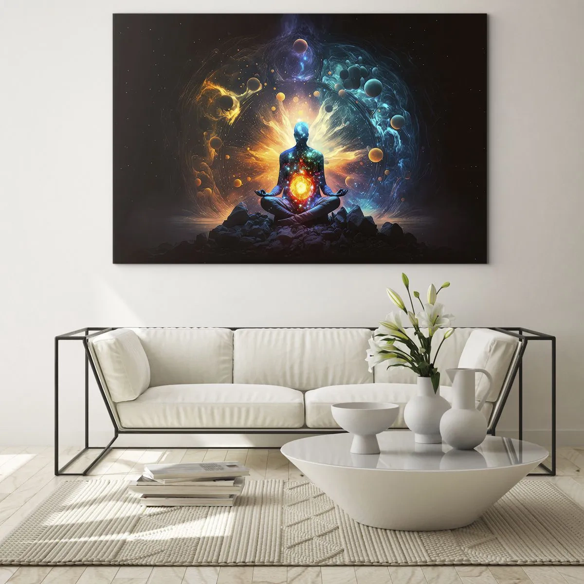Glasbild - Bild auf glas - Eine meditierende Silhouette in einer kosmischen Farbexplosion - 120x80cm - Kosmischer Frieden - Moderne Wanddekoration für Wohnzimmer und Schlafzimmer ARTTOR