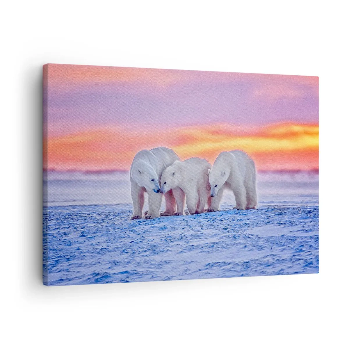 Bild auf Leinwand - Leinwandbild - Drei Eisbären vor dem Hintergrund eines arktischen Sonnenuntergangs - 70x50cm - Familienwärme ist genug - Moderne Wanddekoration für Wohnzimmer und Schlafzimmer ARTTOR