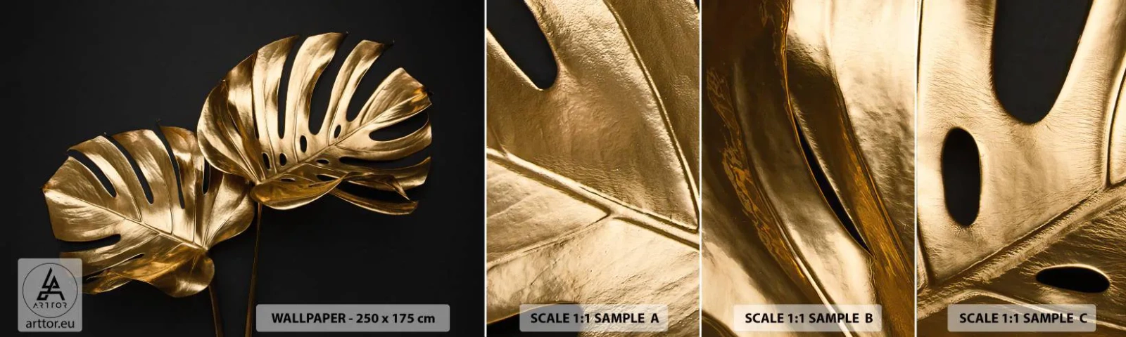 Fototapeten Muster Selbstklebend Deluxe Sticker - Die Schätze der Natur - Abstraktion, Goldene Blätter, Monstera-Blatt - 100x30 cm