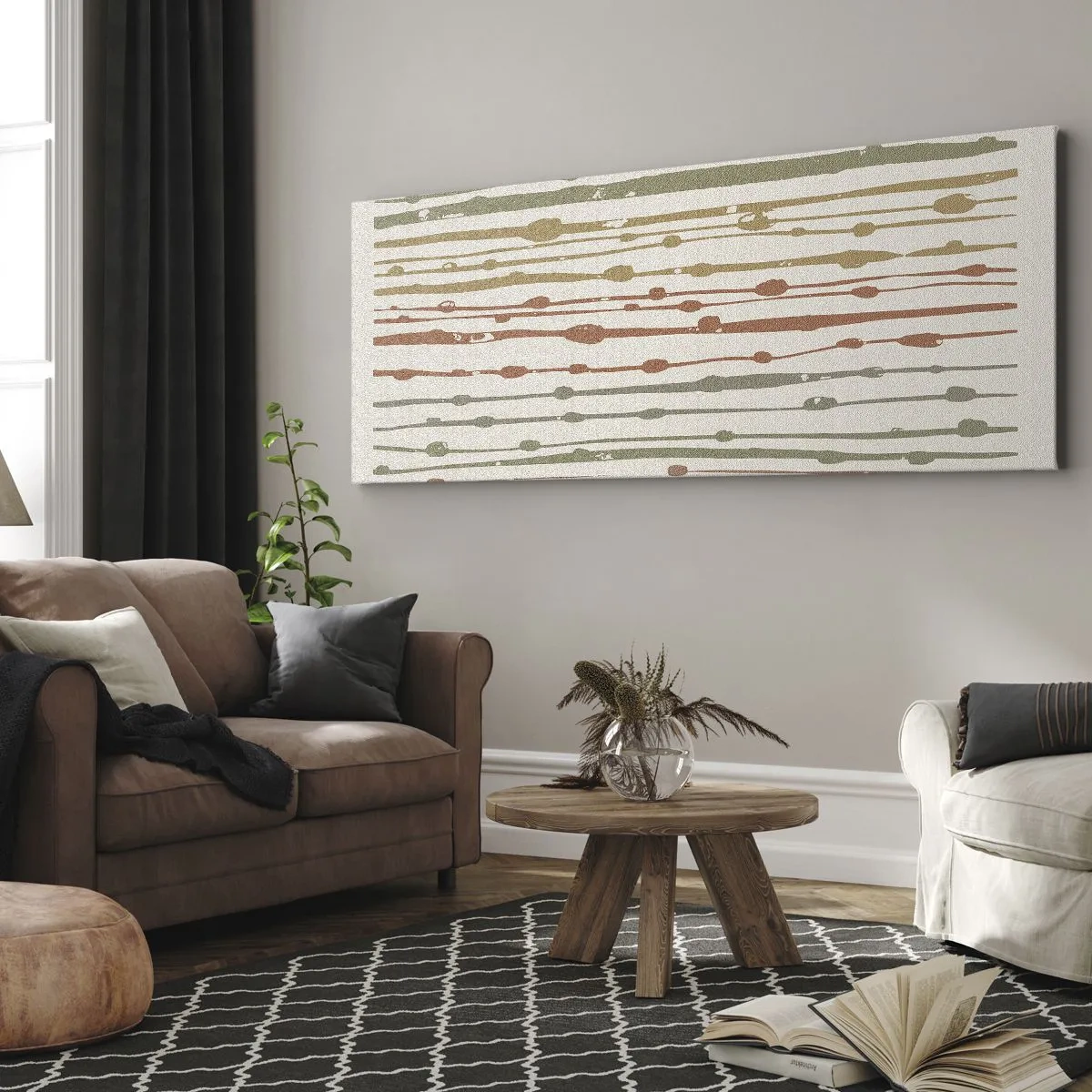 Bild auf Leinwand - Leinwandbild - Ein Linienmuster in warmen Farbtönen auf hellem Hintergrund - 160x50cm - Musikalische Notation von Farben - Moderne Wanddekoration für Wohnzimmer und Schlafzimmer ARTTOR