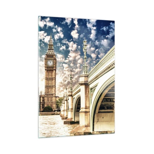 Glasbild - Bild auf glas - Big Ben und Westminster Bridge in London - 50x70cm - Federwolken über der Themse - Moderne Wanddekoration für Wohnzimmer und Schlafzimmer ARTTOR