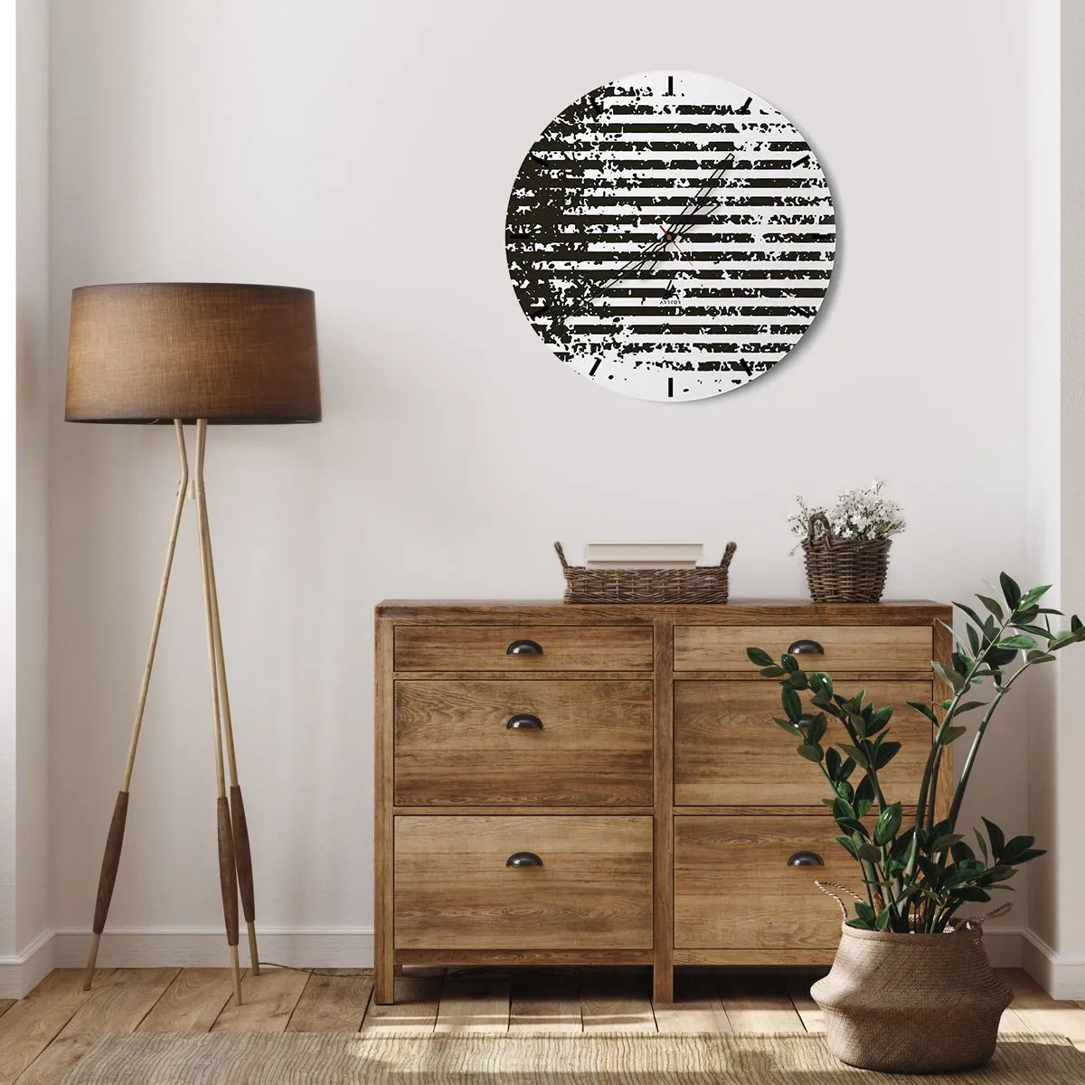 Wanduhr - Glasuhr - Schwarz-weiße Querstreifen mit unregelmäßiger Textur - 30x30cm - Rhythmus und Rauschen - Moderne Wanddekoration für Wohnzimmer, Küche und Schlafzimmer ARTTOR