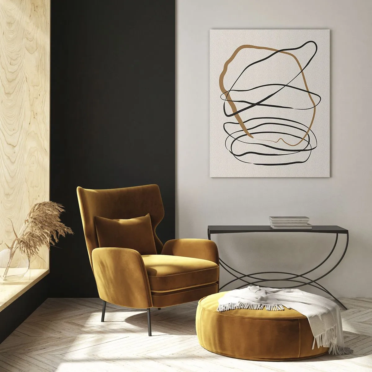Glasbild - Bild auf glas - Eine ausdrucksstarke Linienkomposition in Schwarz und Braun auf hellem Hintergrund. - 50x70cm - Komposition – Looptanz - Moderne Wanddekoration für Wohnzimmer und Schlafzimmer ARTTOR