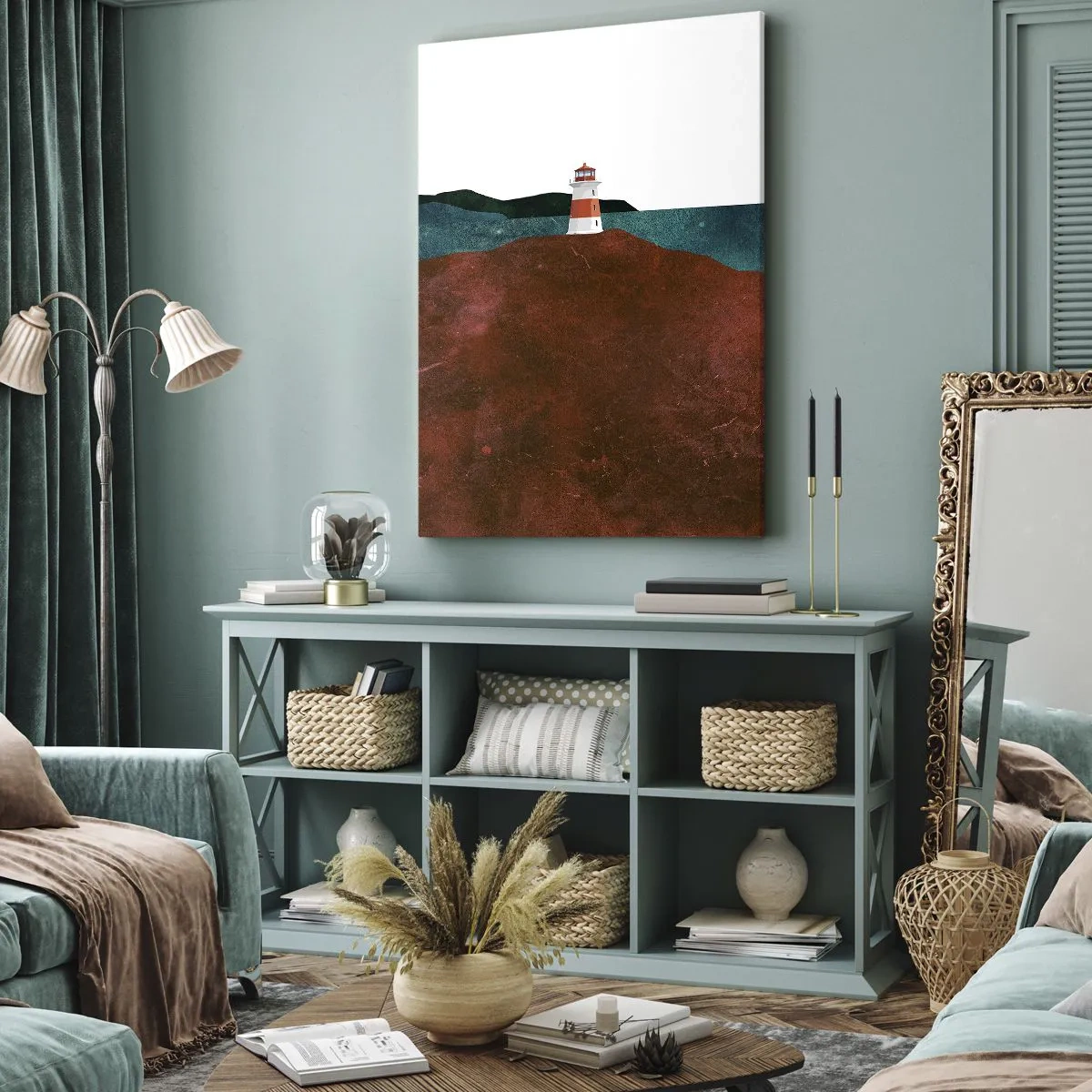 Bild auf Leinwand - Leinwandbild - Ein Leuchtturm vor der Kulisse von Bergen und Meer - 80x120cm - Aufs Meer starren - Moderne Wanddekoration für Wohnzimmer und Schlafzimmer ARTTOR