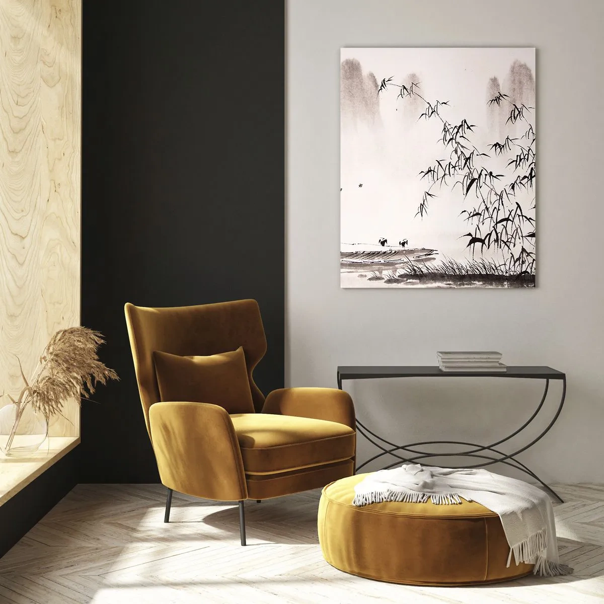 Glasbild - Bild auf glas - Eine minimalistische Landschaft im orientalischen Stil - 70x100cm - Die Stille der Reisfelder - Moderne Wanddekoration für Wohnzimmer und Schlafzimmer ARTTOR