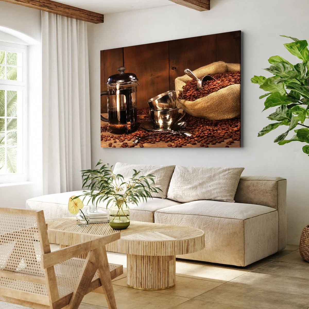 Bild auf Leinwand - Leinwandbild - French Press, Tassen und eine Tüte Kaffee auf einem hölzernen Hintergrund - 120x80cm - Der Charme des Kaffees - Aroma und Geschmack - Moderne Wanddekoration für Wohnzimmer und Schlafzimmer ARTTOR