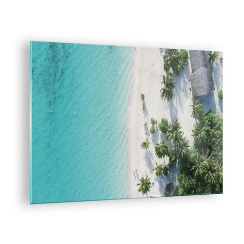 Glasbild - Bild auf glas - Eine Vogelperspektive auf einen tropischen Strand mit Palmen und türkisfarbenem Meer - 70x50cm - Urlaub im Paradies - Moderne Wanddekoration für Wohnzimmer und Schlafzimmer ARTTOR