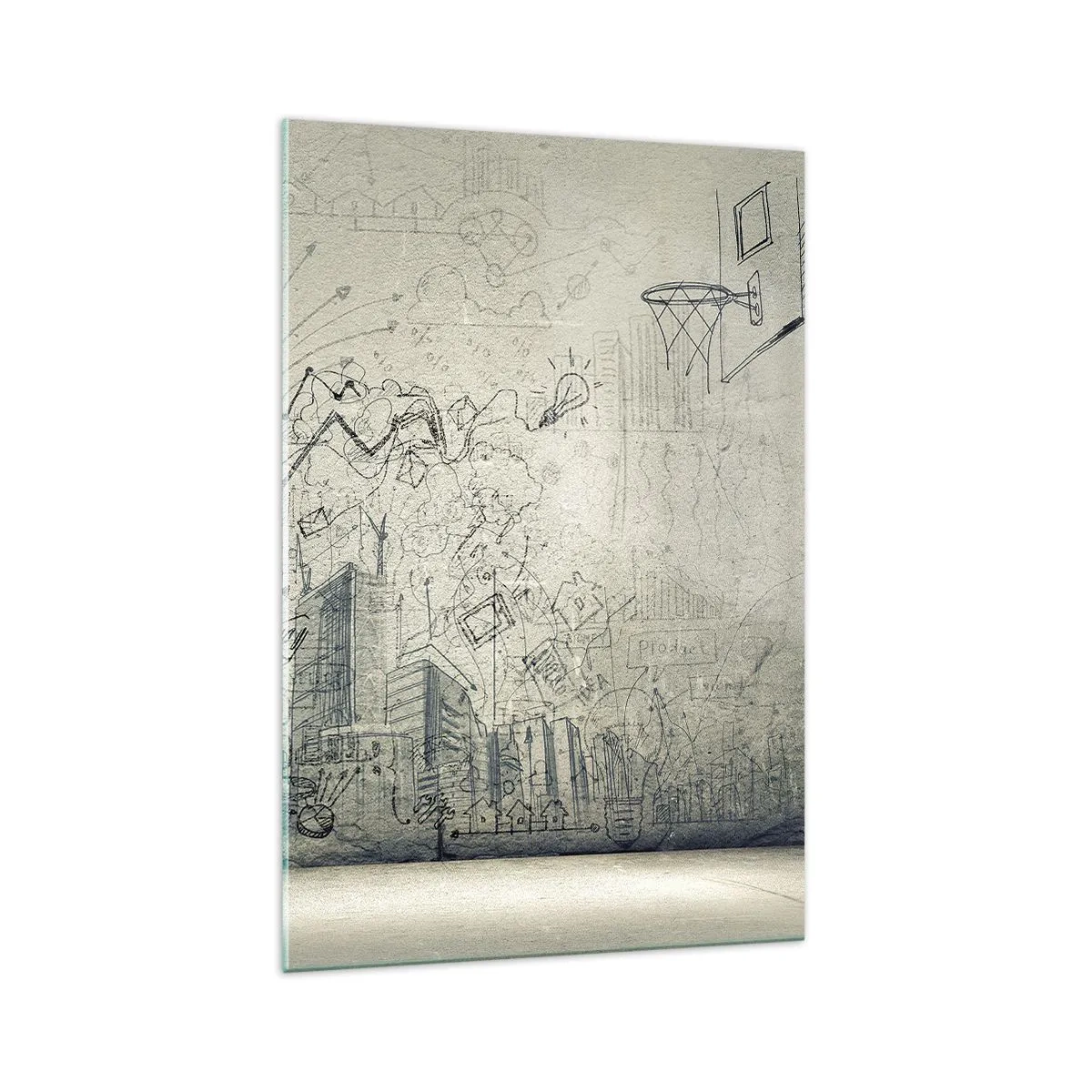 Glasbild - Bild auf glas - Zeichnungen und Diagramme vor dem Hintergrund einer rohen Wand - 70x100cm - Mein tolles Stadtleben - Moderne Wanddekoration für Wohnzimmer und Schlafzimmer ARTTOR