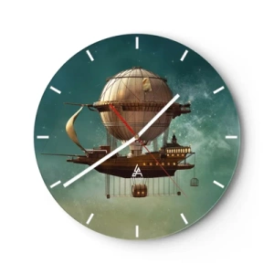 Wanduhr - Glasuhr - Ein fantastisches Retro-Luftschiff, das in den Wolken schwebt - 30x30cm - Jules Verne sagt Hallo - Moderne Wanddekoration für Wohnzimmer, Küche und Schlafzimmer ARTTOR