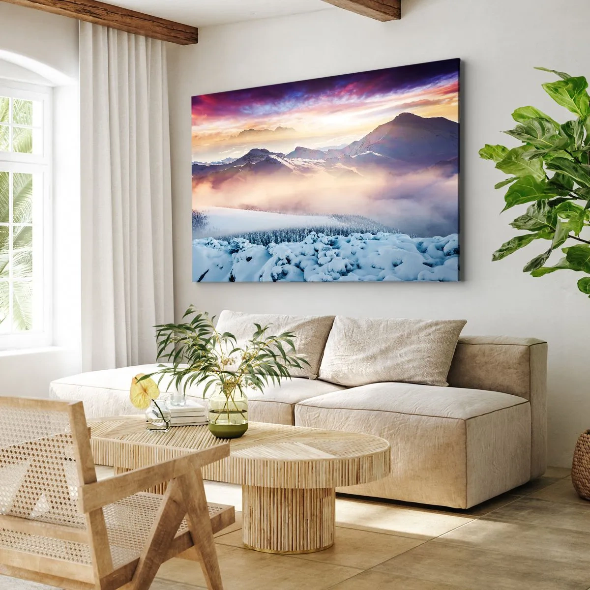 Bild auf Leinwand - Leinwandbild - Schneebedeckte Berge im Morgengrauen mit einem farbenfrohen Himmel - 120x80cm - Die Kraft und Reinheit der Natur - Moderne Wanddekoration für Wohnzimmer und Schlafzimmer ARTTOR