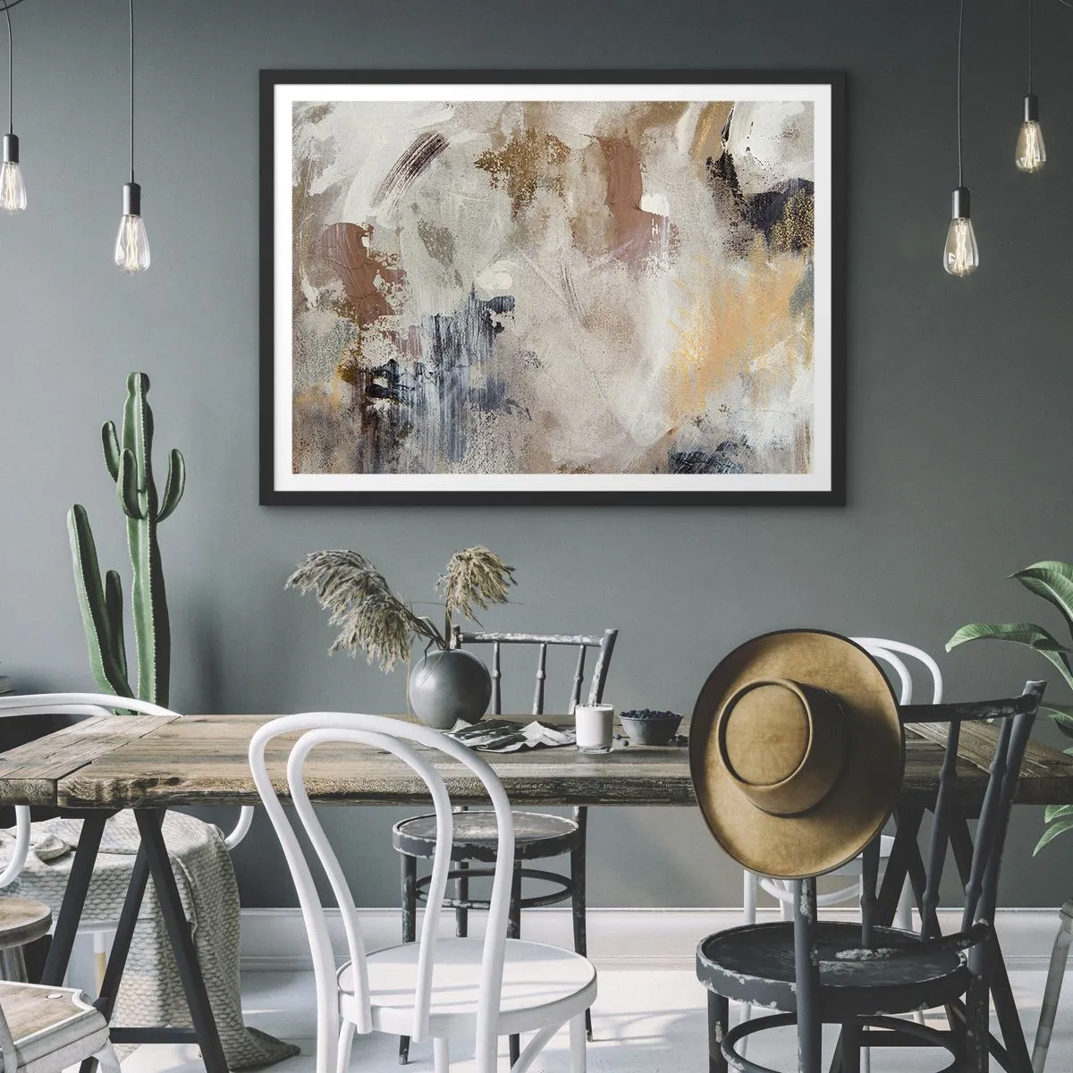 Poster in einem schwarzem Rahmen - Abstrakte Punkte in gedeckten Beige- und Goldtönen - 70x50cm - Neblige Abstraktion - Moderne Wanddekoration für Wohnzimmer und Schlafzimmer ARTTOR