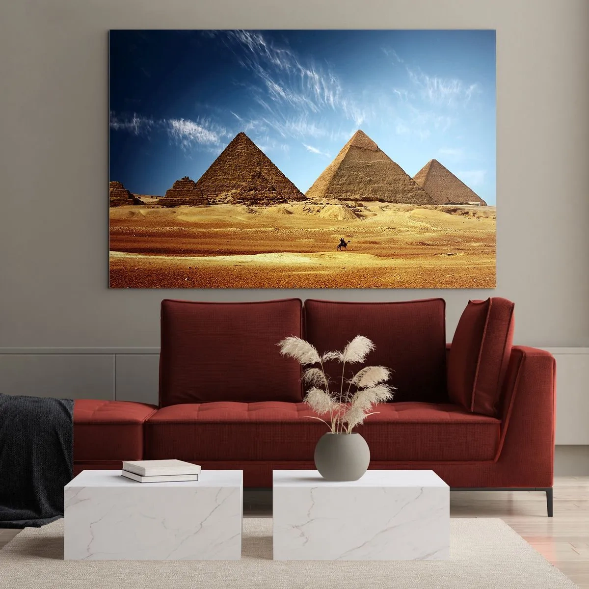 Glasbild - Bild auf glas - Die Pyramiden von Gizeh vor dem blauen Himmel - 120x80cm - 40 Jahrhunderte schauen dich an - Moderne Wanddekoration für Wohnzimmer und Schlafzimmer ARTTOR