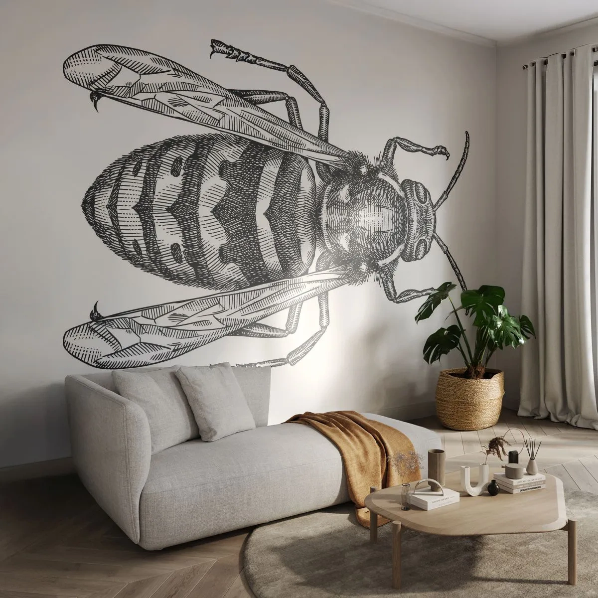 Fototapete Premium Sand - Grafische Darstellung einer Wespe im Schwarz-Weiß-Stil auf weißem Hintergrund - 100x70cm - Von einem Insektenplaneten - Moderne Wanddekoration für Wohnzimmer und Schlafzimmer ARTTOR