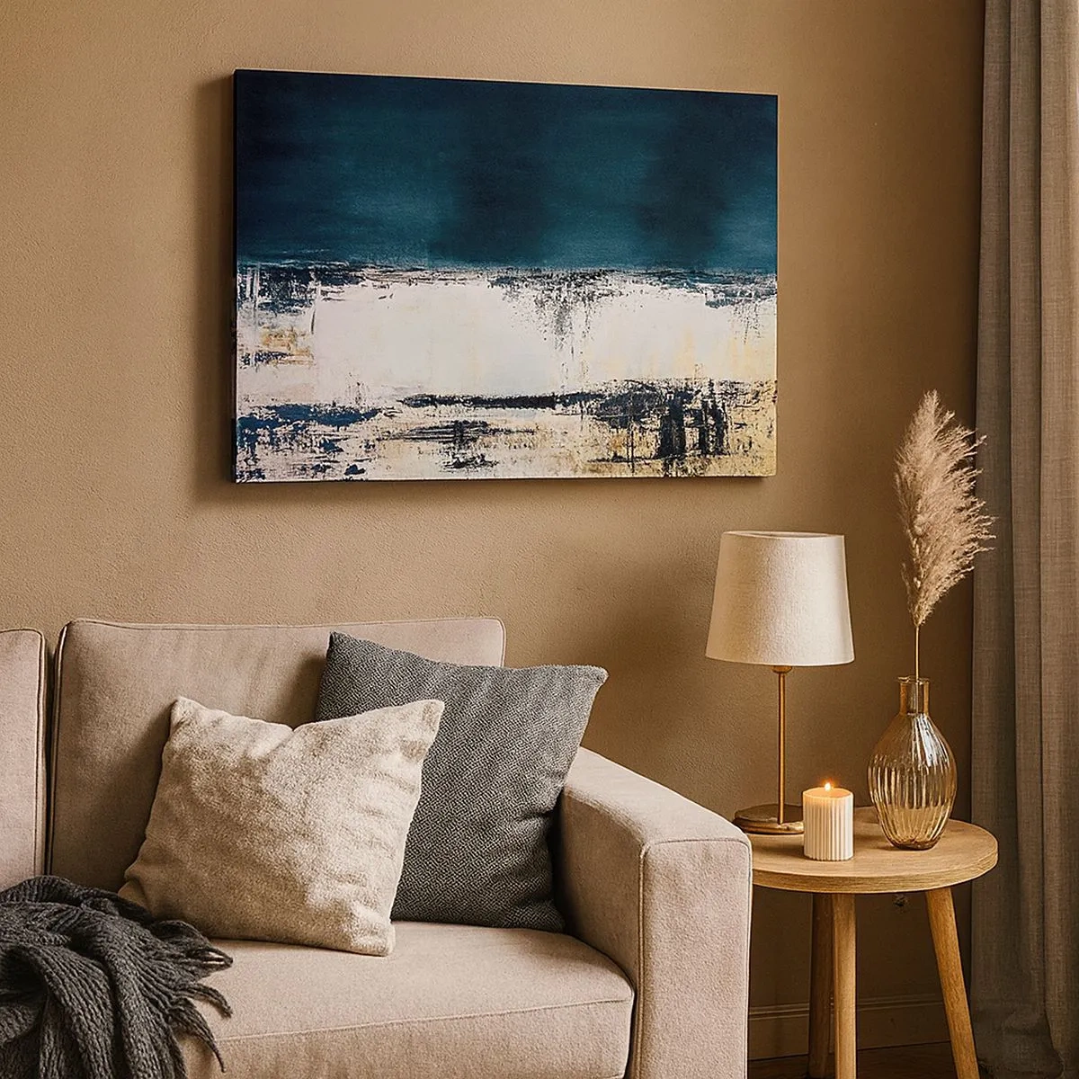 Bild auf Leinwand - Leinwandbild - Abstrakte horizontale Komposition in Marineblau- und Weißtönen - 70x50cm - Horizontale Komposition - Moderne Wanddekoration für Wohnzimmer und Schlafzimmer ARTTOR
