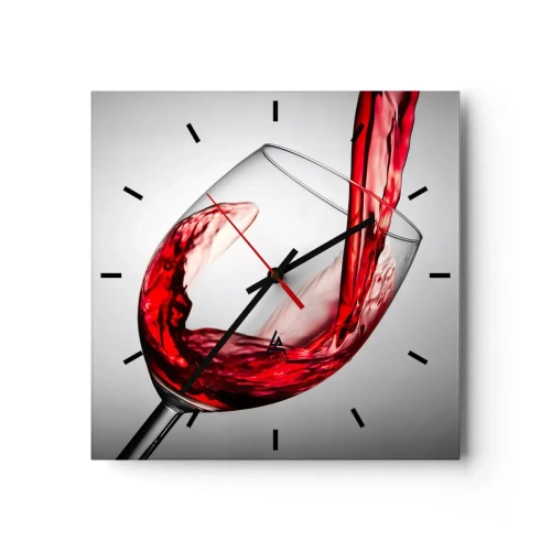 Wanduhr - Glasuhr - Ein Glas Rotwein wird vor hellem Hintergrund eingeschenkt - 30x30cm - Farbe – Bewegung – Klang - Moderne Wanddekoration für Wohnzimmer und Schlafzimmer ARTTOR
