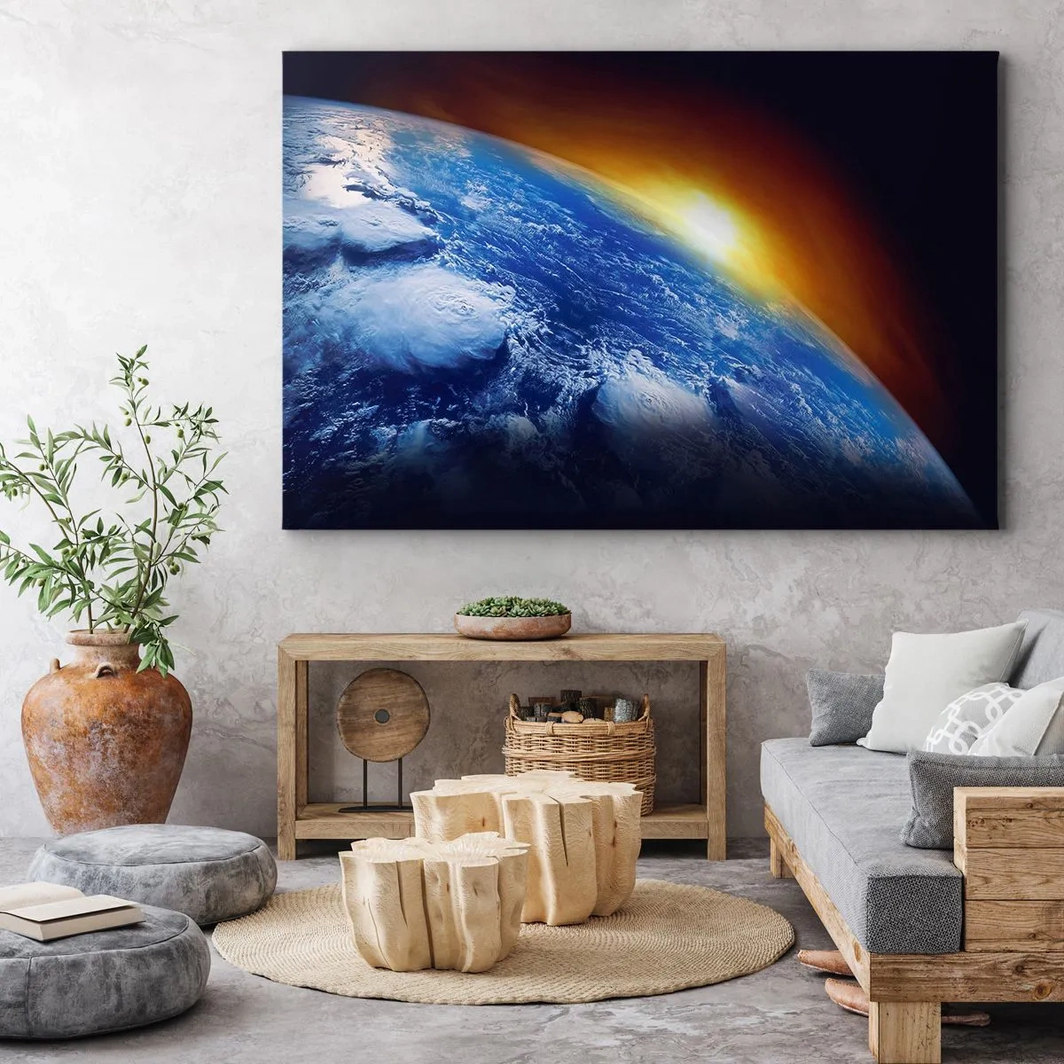 Bild auf Leinwand - Leinwandbild - Blick auf die Erde aus dem Weltraum bei Sonnenuntergang - 100x70cm - Sonnenaufgang über dem blauen Planeten - Moderne Wanddekoration für Wohnzimmer und Schlafzimmer ARTTOR