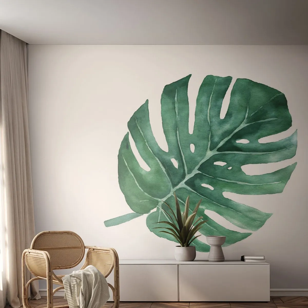 Fototapete Premium Sand - Grünes Konzept - Monstera, Blatt, Boho - 150x105 cm