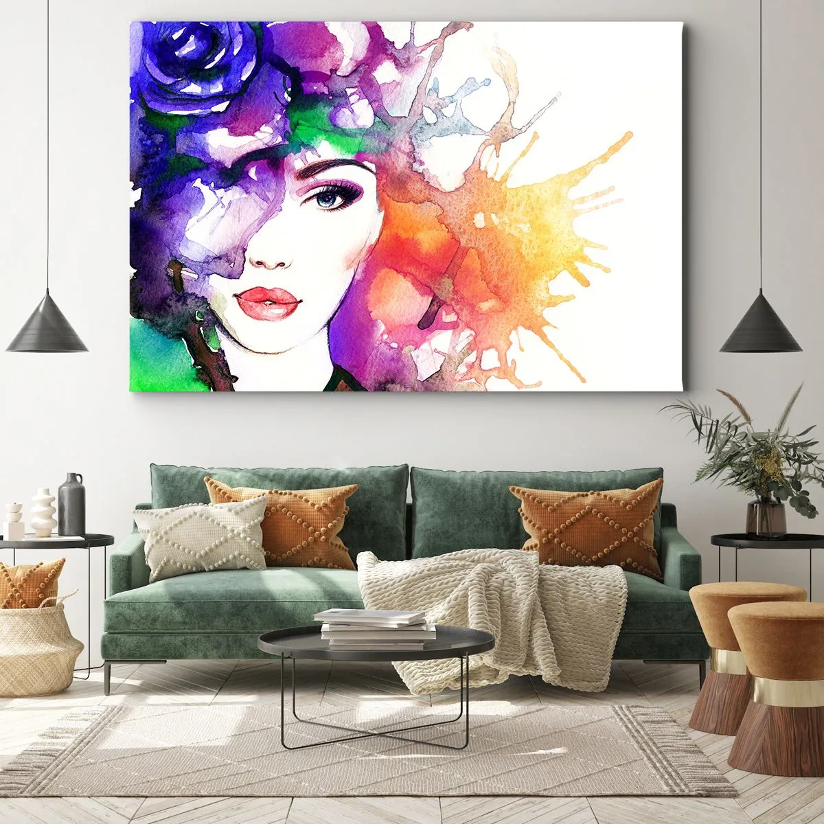 Bild auf Leinwand - Leinwandbild - Porträt einer Frau in Aquarellfarben mit abstrakten Flecken - 120x80cm - Mit dem Kopf in den Wolken - Moderne Wanddekoration für Wohnzimmer und Schlafzimmer ARTTOR