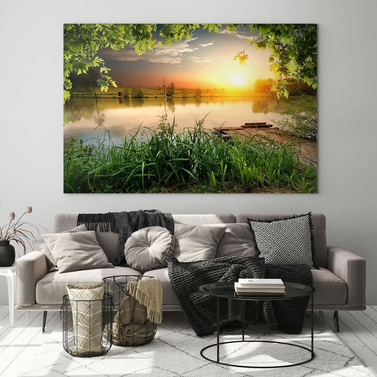 Glasbild - Bild auf glas - Landschaft mit einem von Grün umgebenen See bei Sonnenuntergang - 70x50cm - Landschaft in einem grünen Rahmen - Moderne Wanddekoration für Wohnzimmer und Schlafzimmer ARTTOR