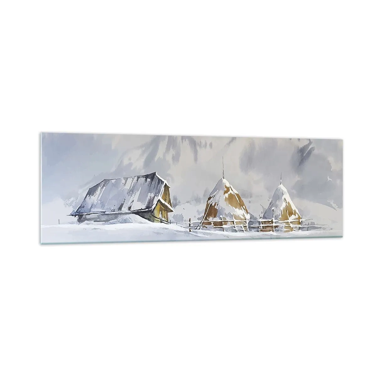 Glasbild - Bild auf glas - Winterlandschaft mit Hütte und Heuhaufen in den Bergen - 160x50cm - In einem verschneiten Talkessel - Moderne Wanddekoration für Wohnzimmer und Schlafzimmer ARTTOR