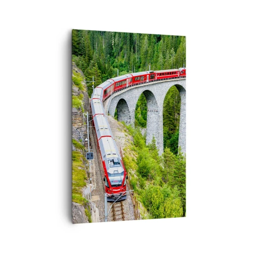 Bild auf Leinwand - Leinwandbild - Ein Zug auf einem malerischen Viadukt in einer Berglandschaft - 80x120cm - Eisenbahn für Bergblick - Moderne Wanddekoration für Wohnzimmer und Schlafzimmer ARTTOR