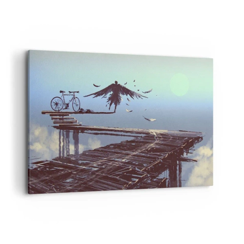 Bild auf Leinwand - Leinwandbild - Eine Figur mit Federn schwebt über einer Holzbrücke neben einem Fahrrad. - 120x80cm - Ikarus lebt für immer - Moderne Wanddekoration für Wohnzimmer und Schlafzimmer ARTTOR