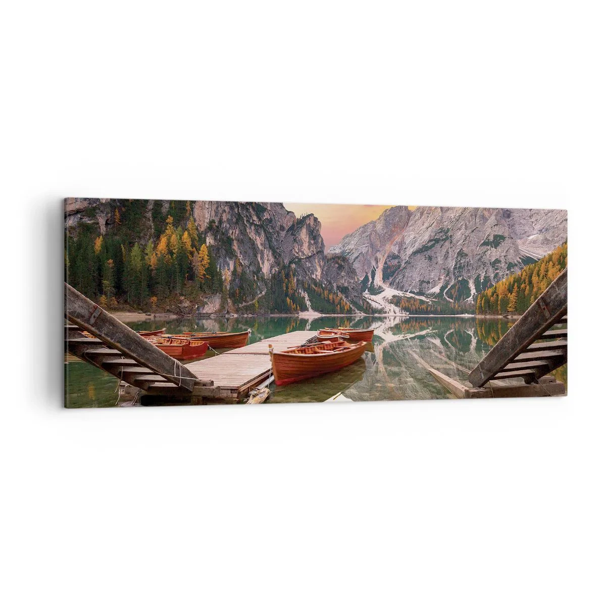 Bild auf Leinwand - Leinwandbild - Bergsee mit Booten bei Sonnenuntergang - 140x50cm - Versprechen des Tages - Moderne Wanddekoration für Wohnzimmer und Schlafzimmer ARTTOR