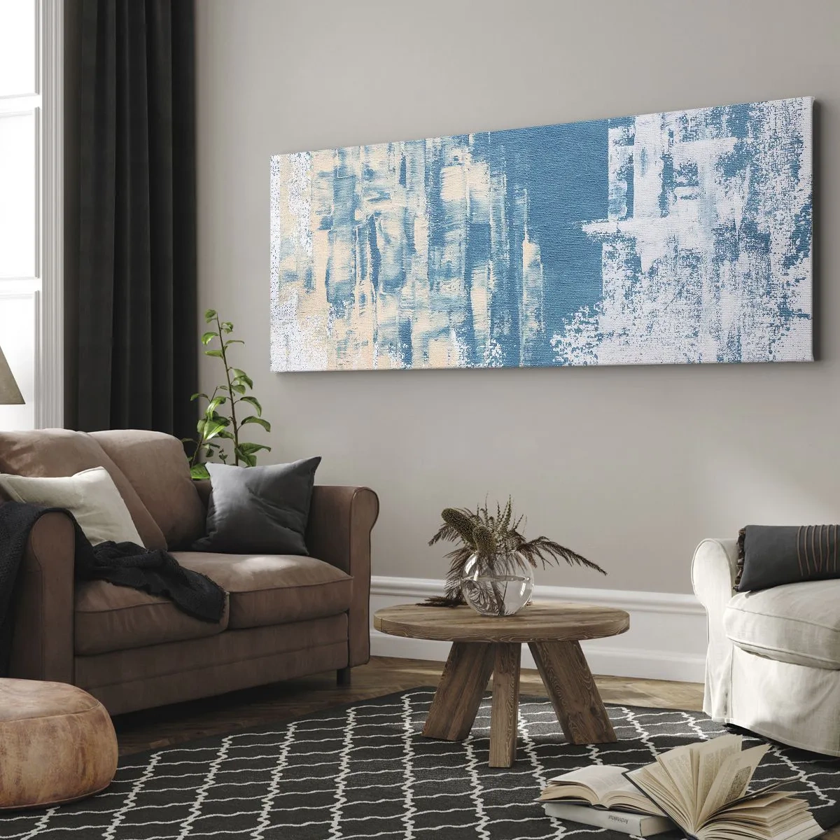 Bild auf Leinwand - Leinwandbild - Abstrakte Komposition in Blau- und Weißtönen - 120x50cm - Durch einen Eiszapfen - Moderne Wanddekoration für Wohnzimmer und Schlafzimmer ARTTOR