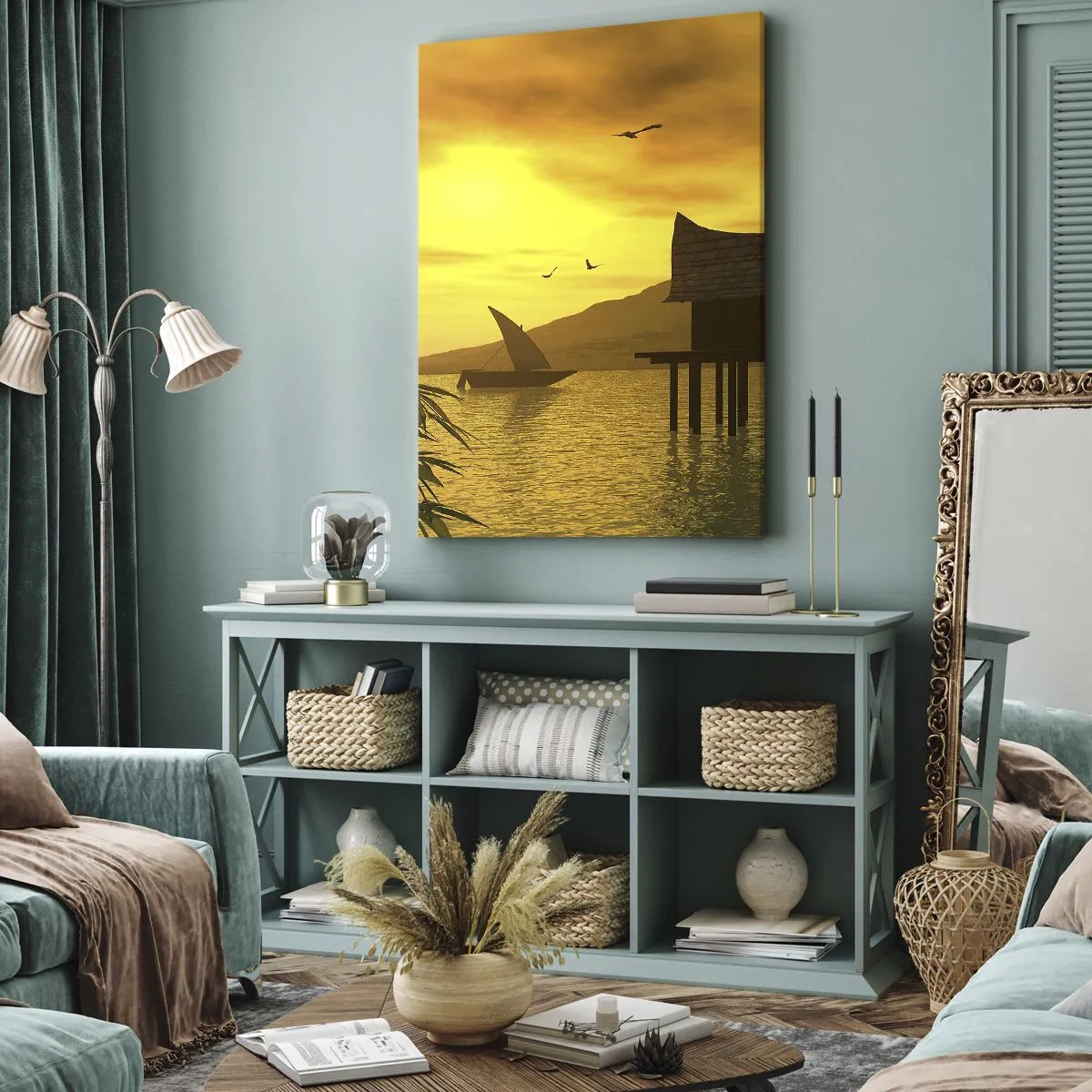 Bild auf Leinwand - Leinwandbild - Tropischer Sonnenuntergang über dem Wasser mit Holzhaus auf Stelzen. - 50x70cm - Der ersehnte Frieden - Moderne Wanddekoration für Wohnzimmer und Schlafzimmer ARTTOR