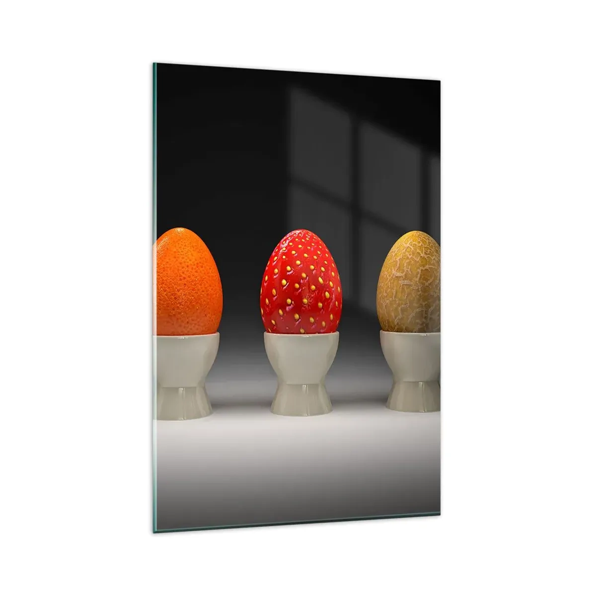 Glasbild - Bild auf glas - Bunte Eier, die Früchten ähneln, auf dunklem Hintergrund - 80x120cm - Obstfrühstück - Moderne Wanddekoration für Wohnzimmer und Schlafzimmer ARTTOR