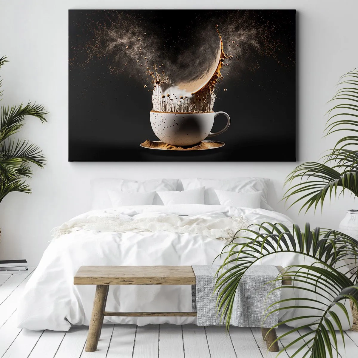 Bild auf Leinwand - Leinwandbild - Eine Tasse Kaffee mit einer dynamischen Flüssigkeitsexplosion auf schwarzem Hintergrund. - 120x80cm - Geschmacksexplosion - Moderne Wanddekoration für Wohnzimmer und Schlafzimmer ARTTOR
