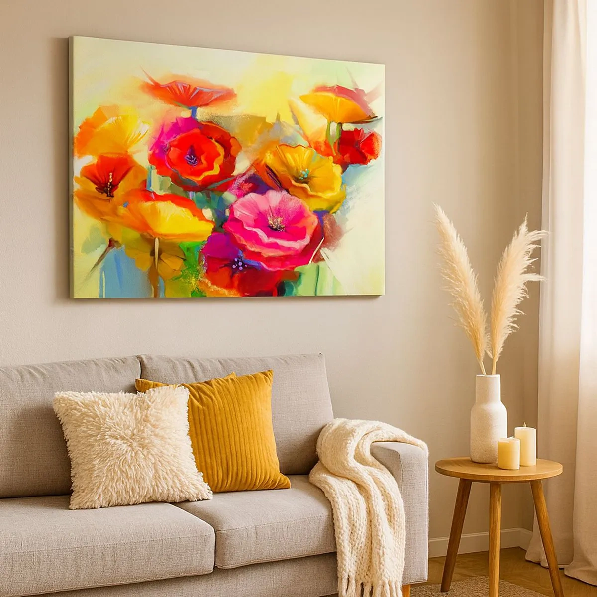 Bild auf Leinwand - Leinwandbild - Bunte abstrakte Blumen auf hellem Hintergrund - 70x50cm - Nicht nur rot - Moderne Wanddekoration für Wohnzimmer und Schlafzimmer ARTTOR