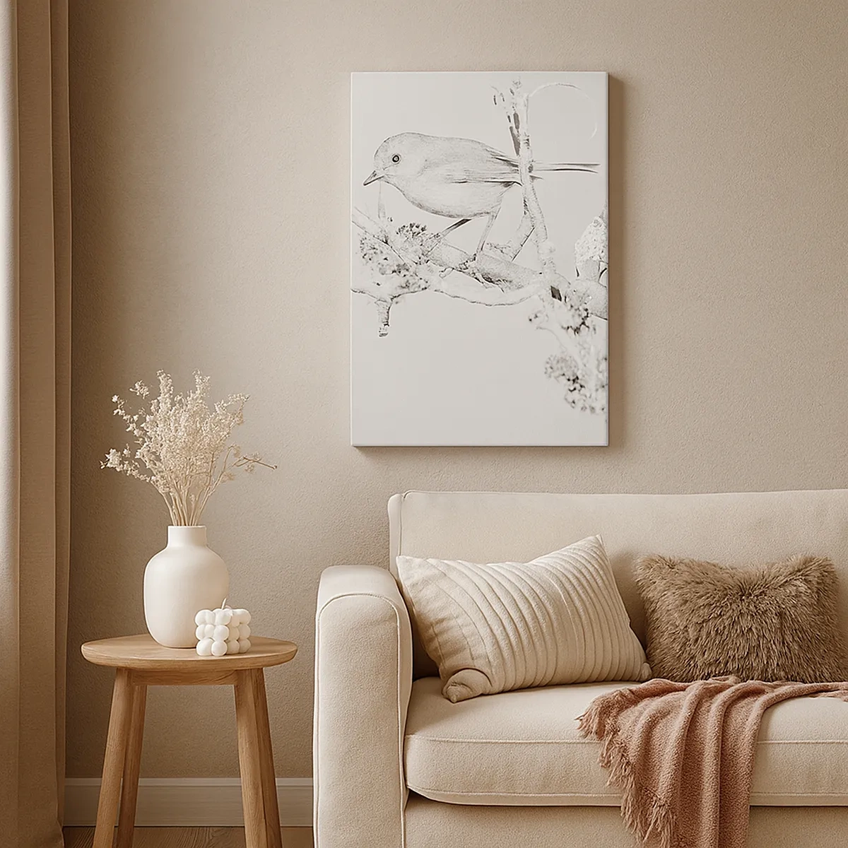 Bild auf Leinwand - Leinwandbild - Vogel auf einem Ast in Schwarz-Weiß im minimalistischen Stil - 50x70cm - Wintermorgen - Moderne Wanddekoration für Wohnzimmer und Schlafzimmer ARTTOR