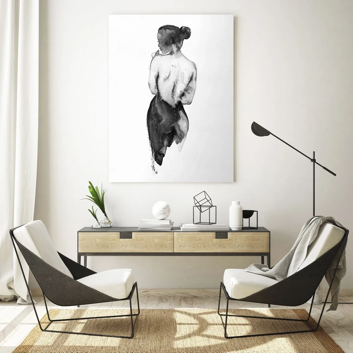 Glasbild - Bild auf glas - Die Figur einer Frau, eingefangen in subtilem Aquarell - 80x120cm - Bei ihr verschwindet die Welt - Moderne Wanddekoration für Wohnzimmer und Schlafzimmer ARTTOR
