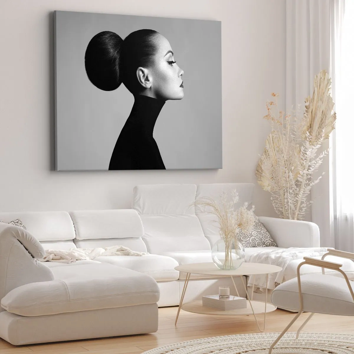 Bild auf Leinwand - Leinwandbild - Profil einer Frau in Schwarz-Weiß mit einem eleganten Dutt - 100x70cm - Moderne Nofretete - Moderne Wanddekoration für Wohnzimmer und Schlafzimmer ARTTOR