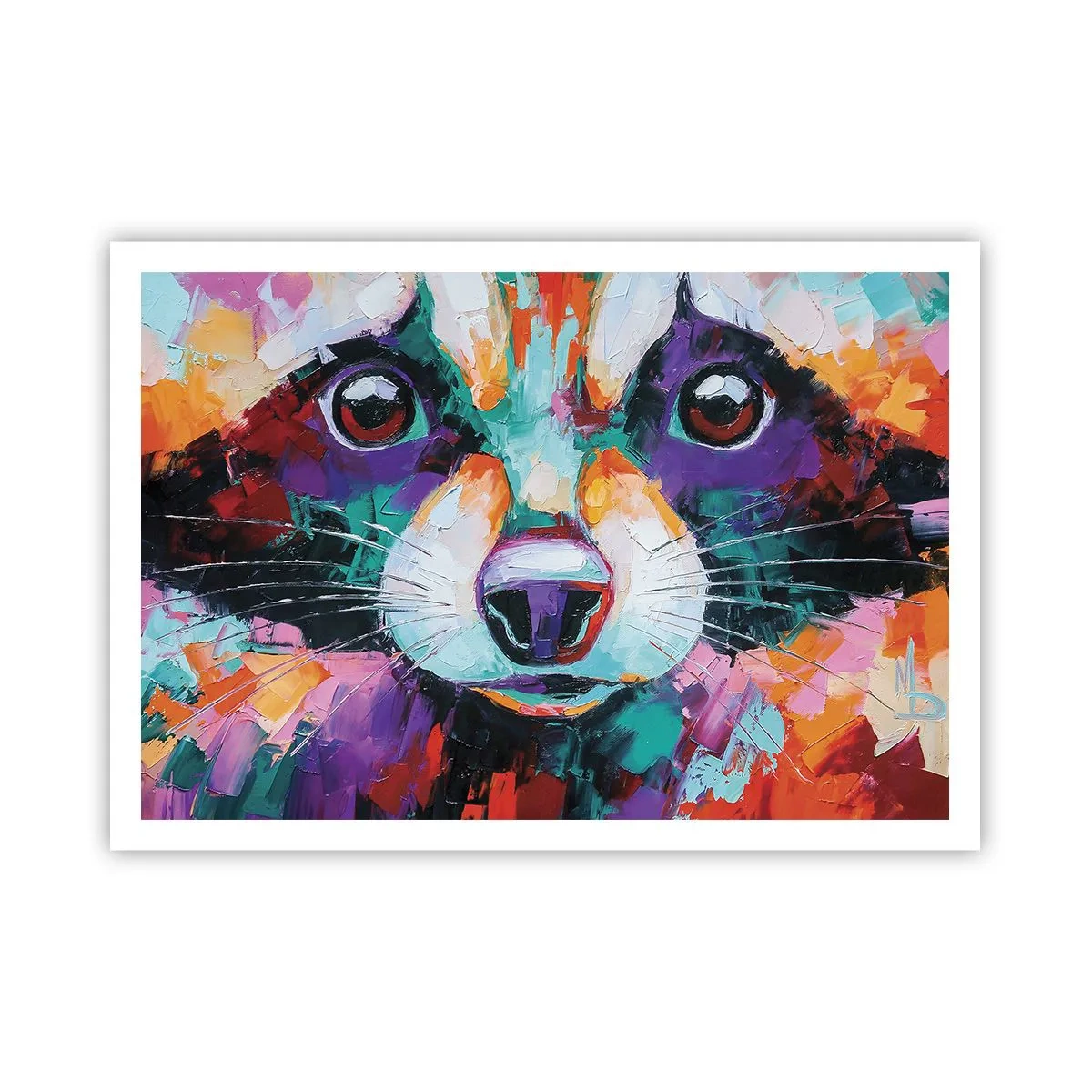 Poster - Ein farbenfrohes Porträt eines Waschbären im Stil der expressiven Malerei. - 100x70cm - Nur gute Emotionen - Moderne Wanddekoration für Wohnzimmer und Schlafzimmer ARTTOR