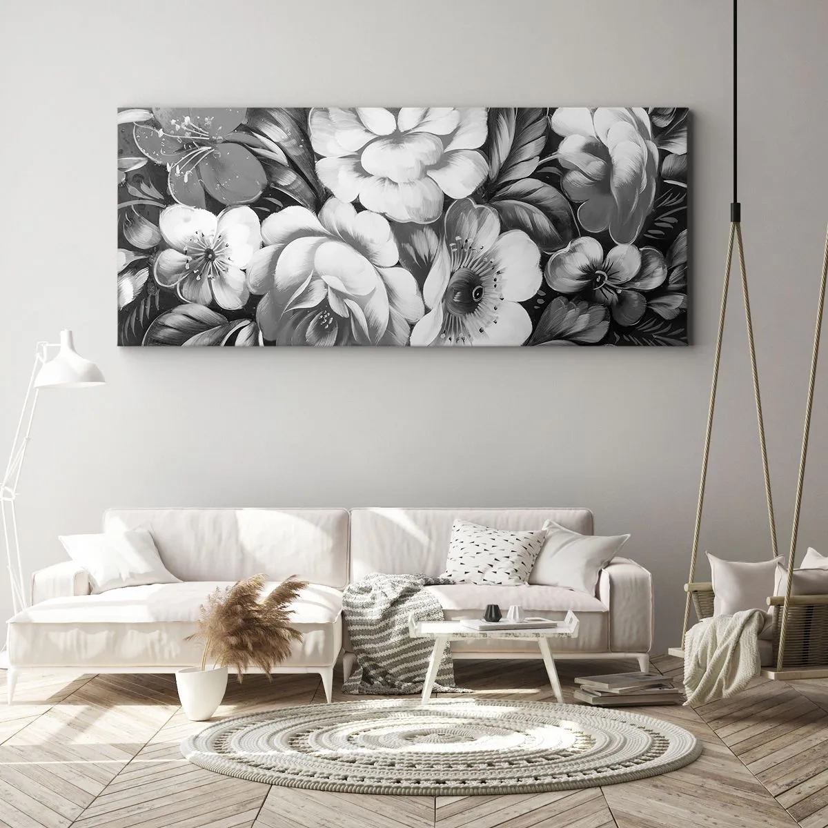 Bild auf Leinwand - Leinwandbild - Schwarze und weiße Blumen in einer klassischen und eleganten Komposition - 140x50cm - Schön auch in Grau - Moderne Wanddekoration für Wohnzimmer und Schlafzimmer ARTTOR
