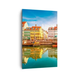 Bild auf Leinwand - Leinwandbild - Bunte Grachtenhäuser in Kopenhagen - 80x120cm - Glatt wie ein Spiegel über dem Wasser - Moderne Wanddekoration für Wohnzimmer und Schlafzimmer ARTTOR