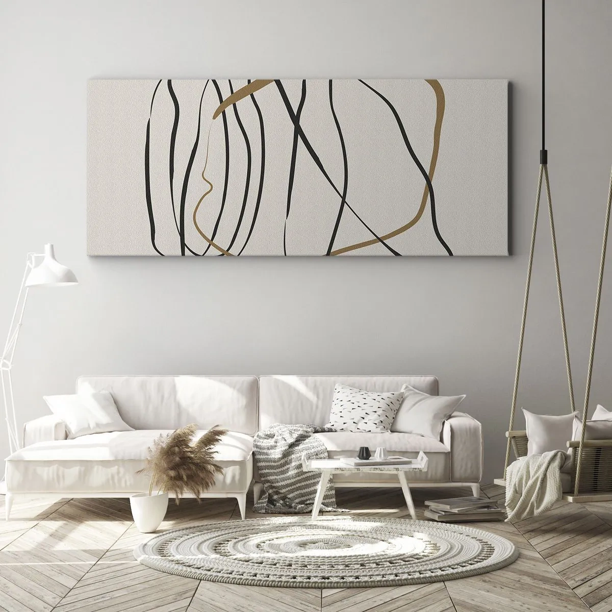 Bild auf Leinwand - Leinwandbild - Künstlerische Linien in Schwarz und Gold auf hellem Hintergrund - 140x50cm - Komposition – Looptanz - Moderne Wanddekoration für Wohnzimmer und Schlafzimmer ARTTOR