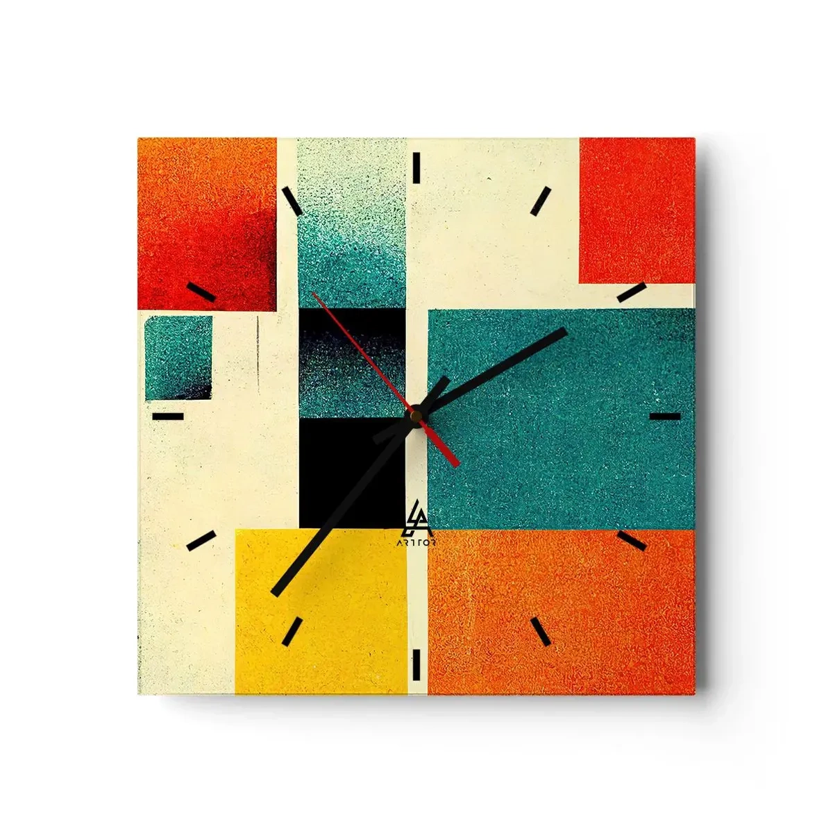 Wanduhr - Glasuhr - Geometrische Abstraktion mit farbigen Rechtecken und Quadraten - 30x30cm - Geometrische Abstraktion – gute Energie - Moderne Wanddekoration für Wohnzimmer und Schlafzimmer ARTTOR